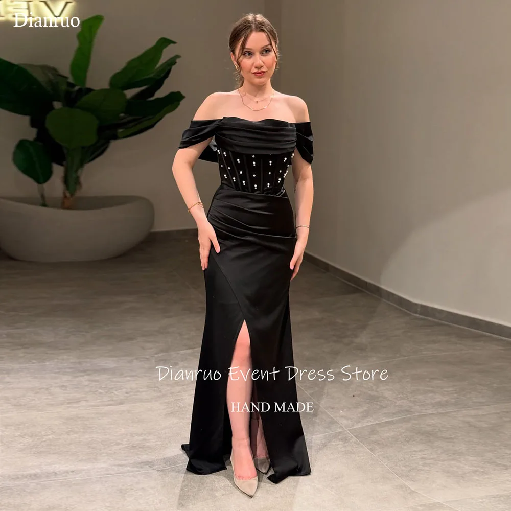 

Dianruo Pearl Embellished Evening Dresses Side Slit Satin Vestidos De Fiesta Off The Shoulder Wedding Party Dress Customized