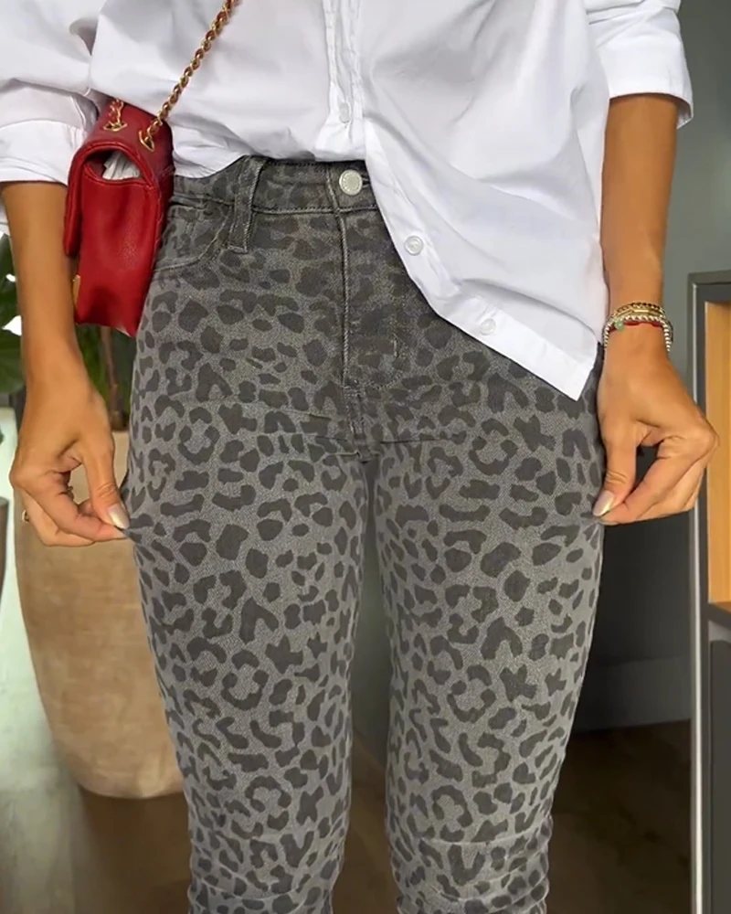 Pantalones ajustados de leopardo Vintage para mujer, pantalones vaqueros lavados de cintura alta, elásticos, de tendencia, informales, rectos, Fitness