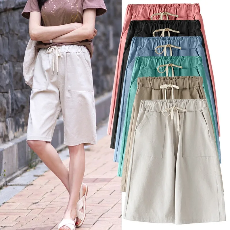 Casual Shorts Women Summer Short Pants Cotton High Waist Drawstring Waist Capri Pants Solid Color Plus Size