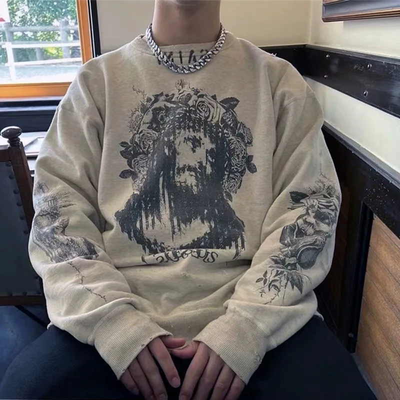 

Retro American fiti Print Destroyed Hoodie round Ne Sweatirt Men's Loose Fit Fce Lined Casual Wear Winter Youth