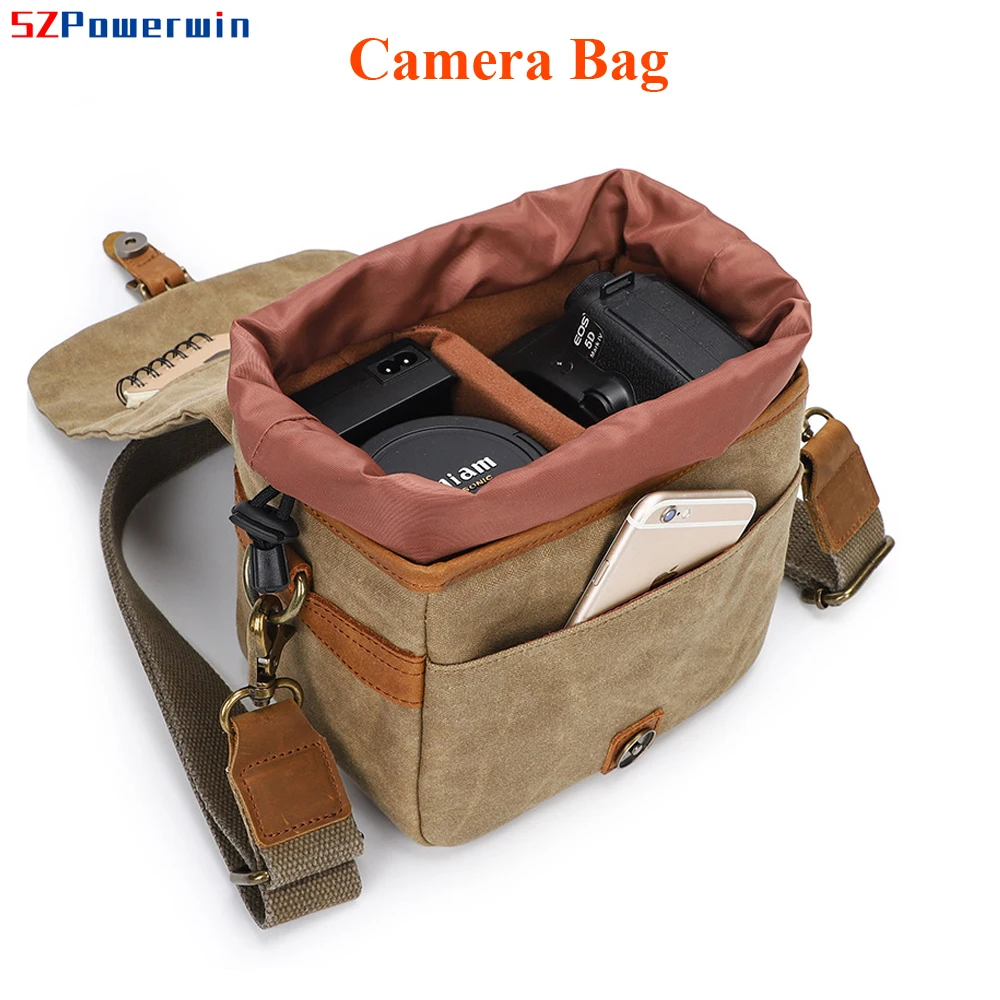 Powerwin Waterproof Canvas Single Shoulder Camera Bag for Canon/Nikon/Sony DSLR SLR Lens Cross Body Sling Leather Photo Case