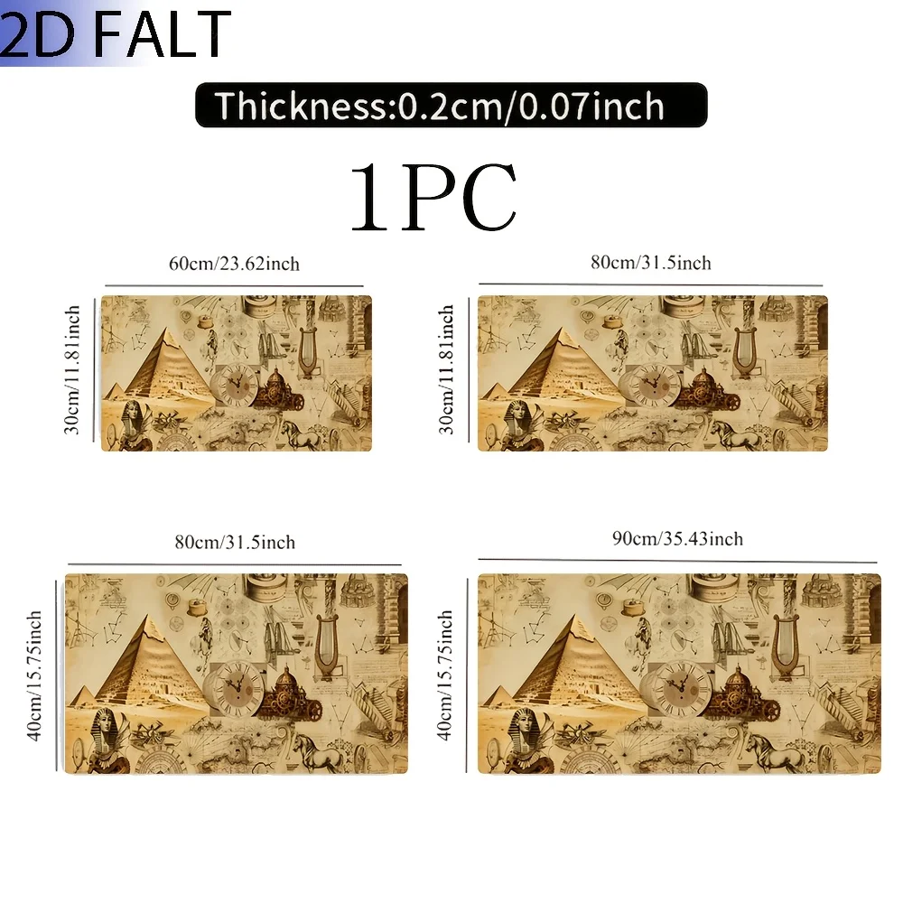2D Flat, 1PC Oversized, Non-Slip, Table Mat, Mouse Pad, Retro Hand-Painted Style Collage Pattern, Pyramid, Roman Digital Clock, Harp, Mechanical Gear, Ancient Egyptian Elements, Suitable For PC