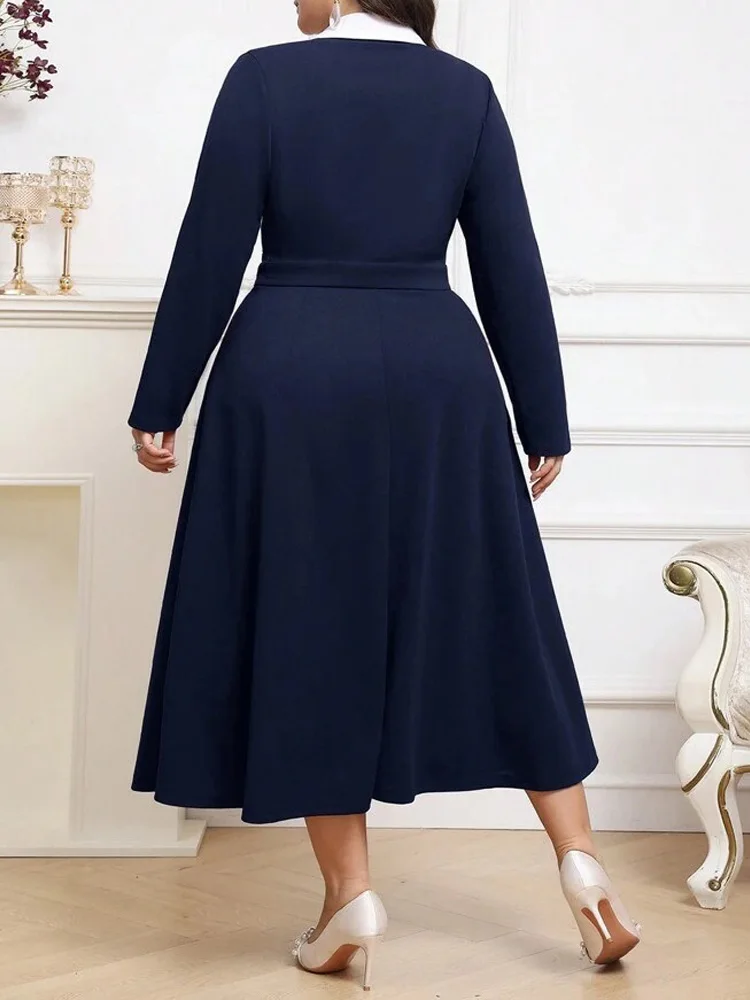 Gibsie plus size entalhado pescoço botão detalhe elegante vestido longo feminino 2025 outono cintura alta moda escritório senhoras vestidos de linha a