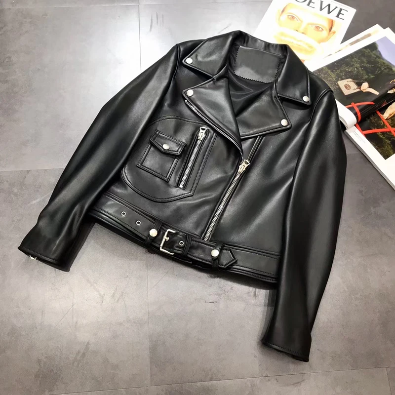 Women Coat Spring Short Length 2022 New Fashion Genuine Leather Jacket Solid Color Overcoat Belt Turn-Down Collar