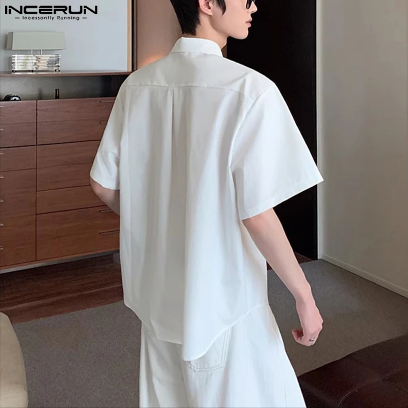 INCERUN 男性シャツストライプパッチワークラペル半袖男性服ストリートルーズ夏韓国スタイルファッションカジュアルシャツ