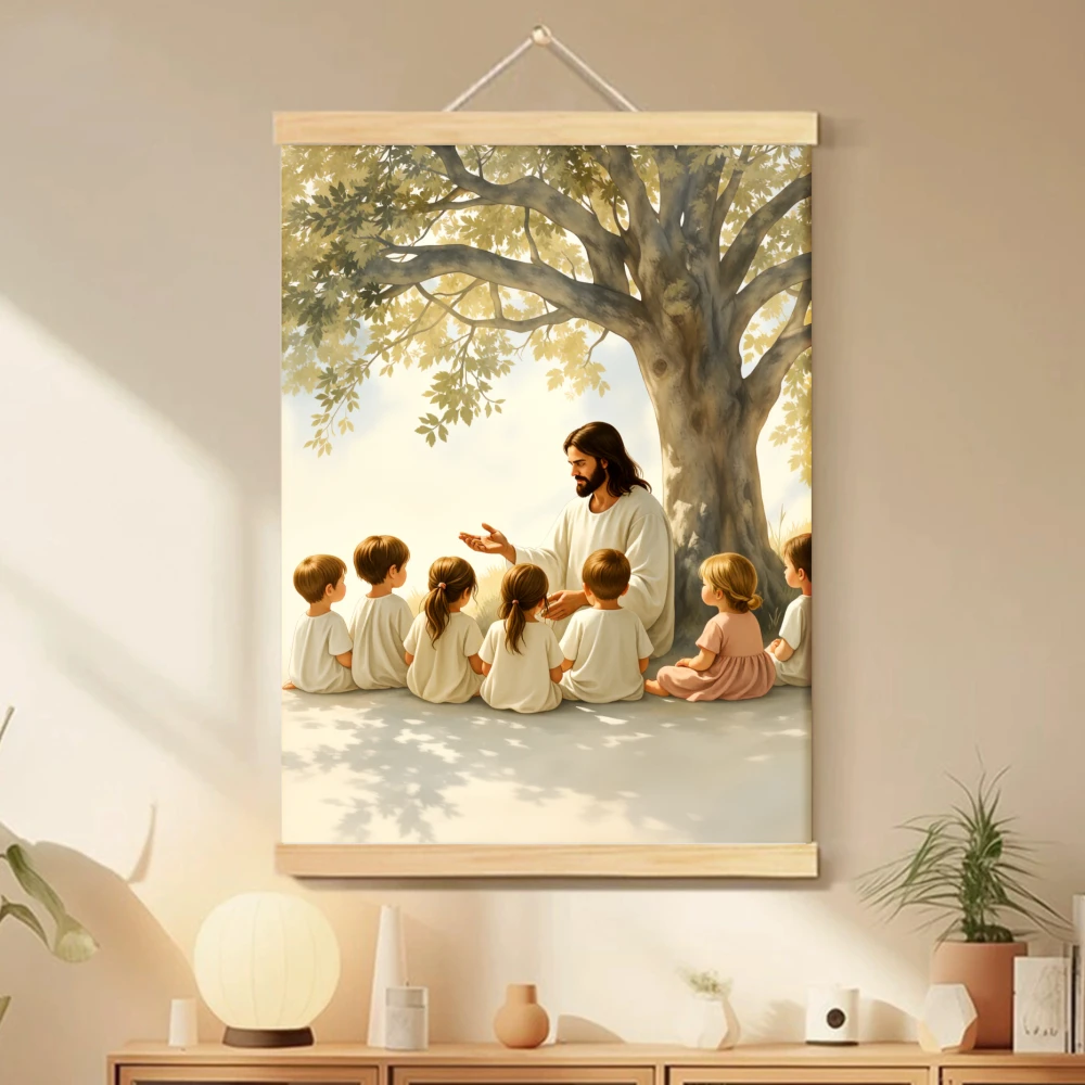 1pc Jesus Christ Religious Art Print - Serene Jesus with Bible Scene Christian Wall Decor, Scroll Hanging Canvas Painting Poster