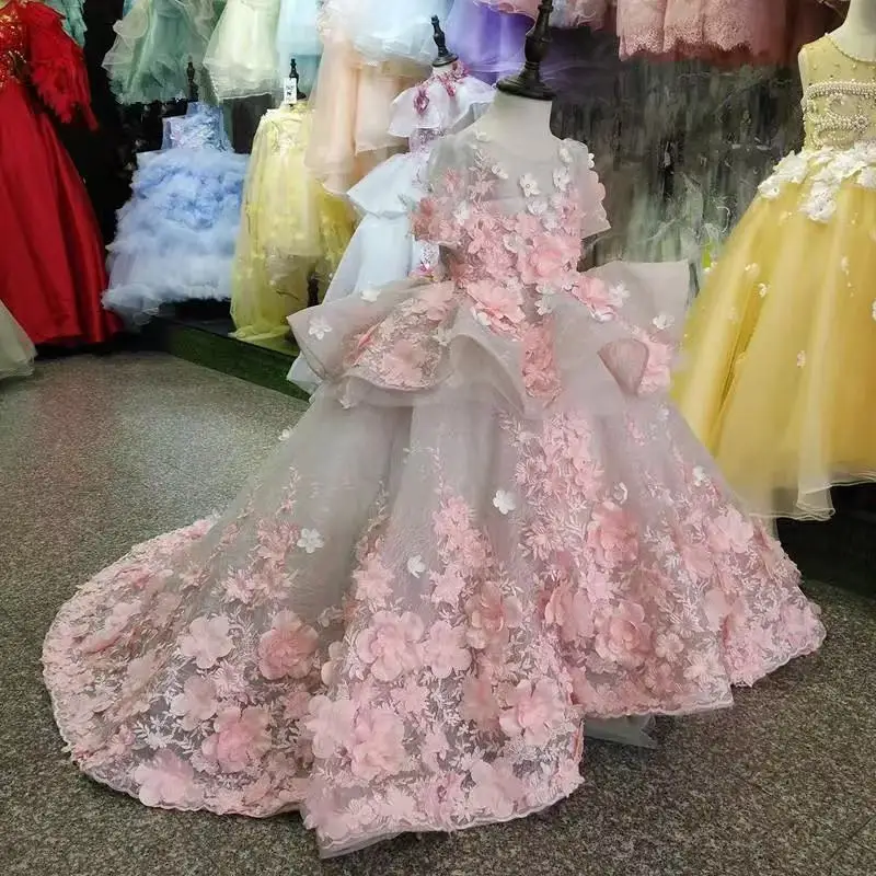 Maßgeschneiderte Luxus-Geburtstagskleider für Babymädchen O-Ausschnitt Rückenfreies Blumenmädchen-Festkleid 3D-Blumen-Applikationen Ballkleider – Detail 6