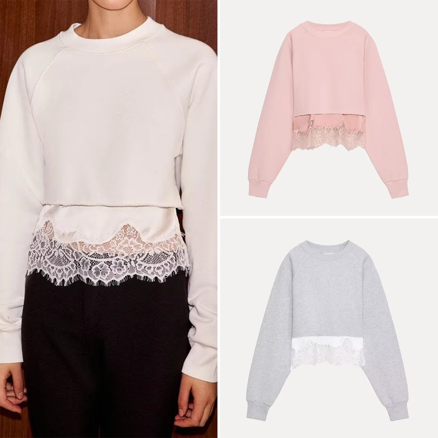 

Spring 2026 Women's Lace Splice Short Sweatshirt round Neck Long Sleeve Casual Style Knitted Top ZADATA Brand Straight Cut
