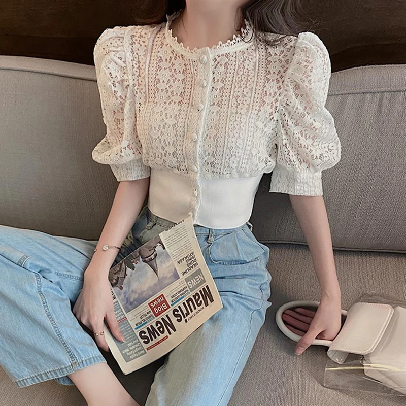 MEXZT Elegant Blouses Women Sweet Hollow Out Lace Shirts Vintage Korean Summer Puff Sleeve Solid Simple Slim Casual Crop Tops