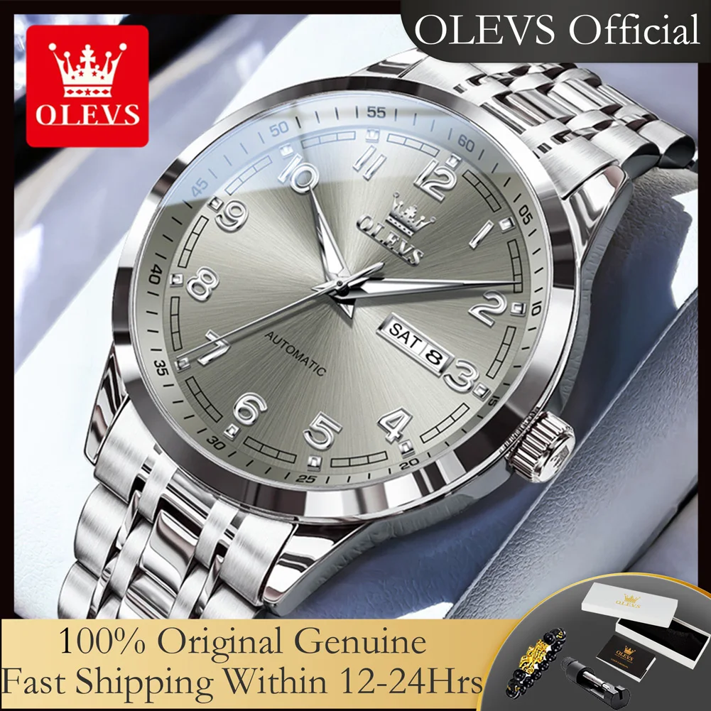 

OLEVS 7077 Automatic Mechanical Men's Watches Fahsion Classic Digial Dial Dual Calendar Buinsess Wristwatch Waterproof Man Watch