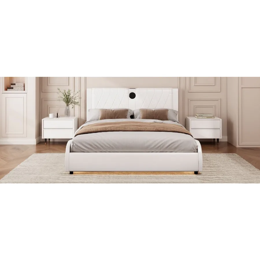 เตียงแพลตฟอร์มหุ้มหนังเทียมหรูหราขนาดควีนไซส์พร้อมลําโพงบลูทูธบอร์ดหนาและไฟ LED RGB ไม่มีกล่อง Spr