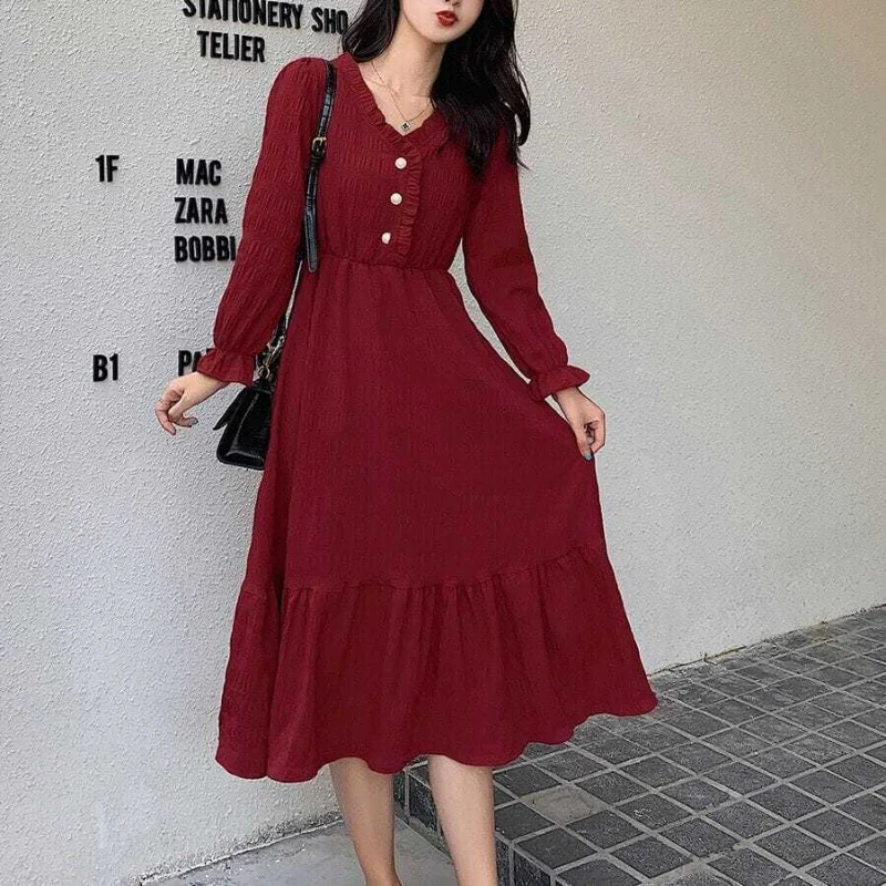 

Autumn New Hepburn French Long Sleeved Dress Women Solid V-neck Folds Buttons Waist Closure Slim Temperament Mid Length Dresses