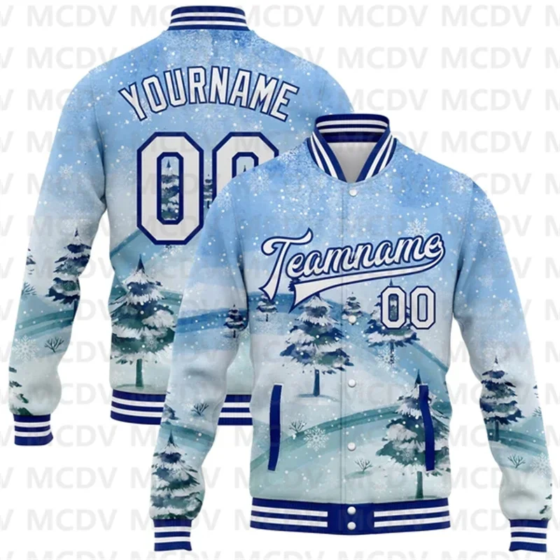 Custom Gray White-Black Watercolor Forest With Fog 3D Pattern Design Bomber Full-Snap Varsity Letterman Jacket