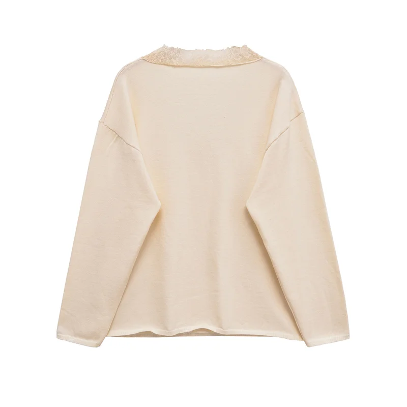 Damska bluzka 2025 jesień nowość biała z długim rękawem mieszanka koronki ozdobna dzianinowa bluzka typu pulower T-shirt casual modna uniwersalna