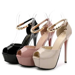 2024 HOT Women Pumps Patent Leather Peep Toe 11CM Waterproof Platform Metal Decoration Dress High Heels Boat Shoes Wedding Shoes