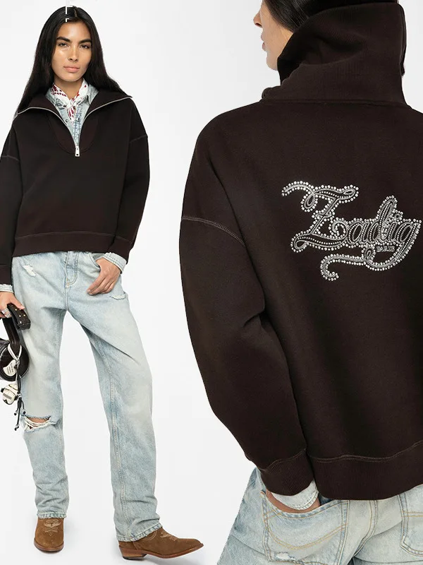 Autumn Winter Embroidered Letter Fce Ladies Hoodie Zipper Collar Long Sve Cotton Casual Comfortable Women's Sweatirt