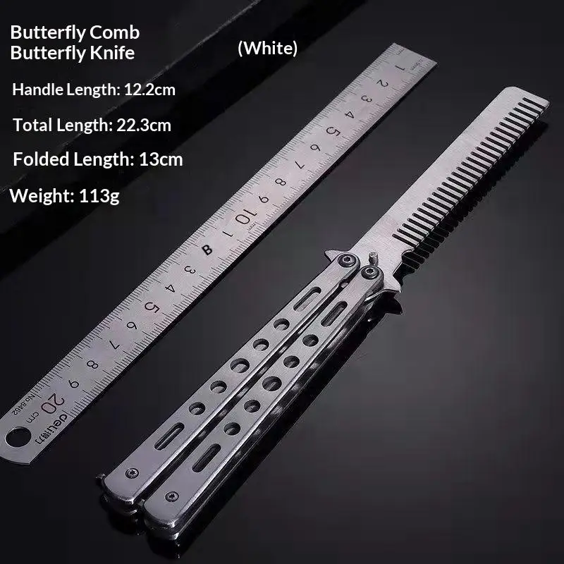 Stainless Steel Practice Butterfly Knife Comb, Foldable for Beard/Moustache Styling, Salon Hair Tool