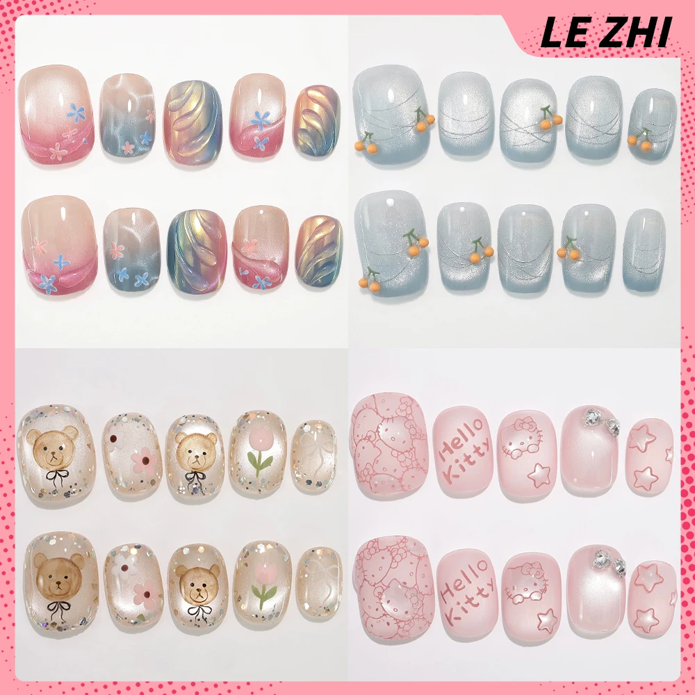 

10Pcs Kawaii Gentle Cat Eyes Handmade Wearable Full Cover Nails Cute Hello Kitty Flower Diamond Short Square Ellipse Fake Nails