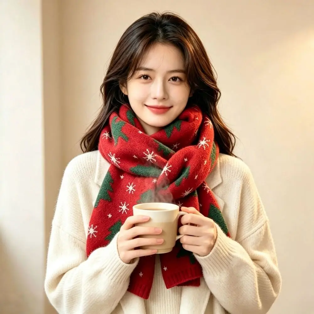 Sweet Red Knitted Christmas Scarf Green Reindeer Plaid Wool Scarf Christmas Tree Long Red Shawl New Year