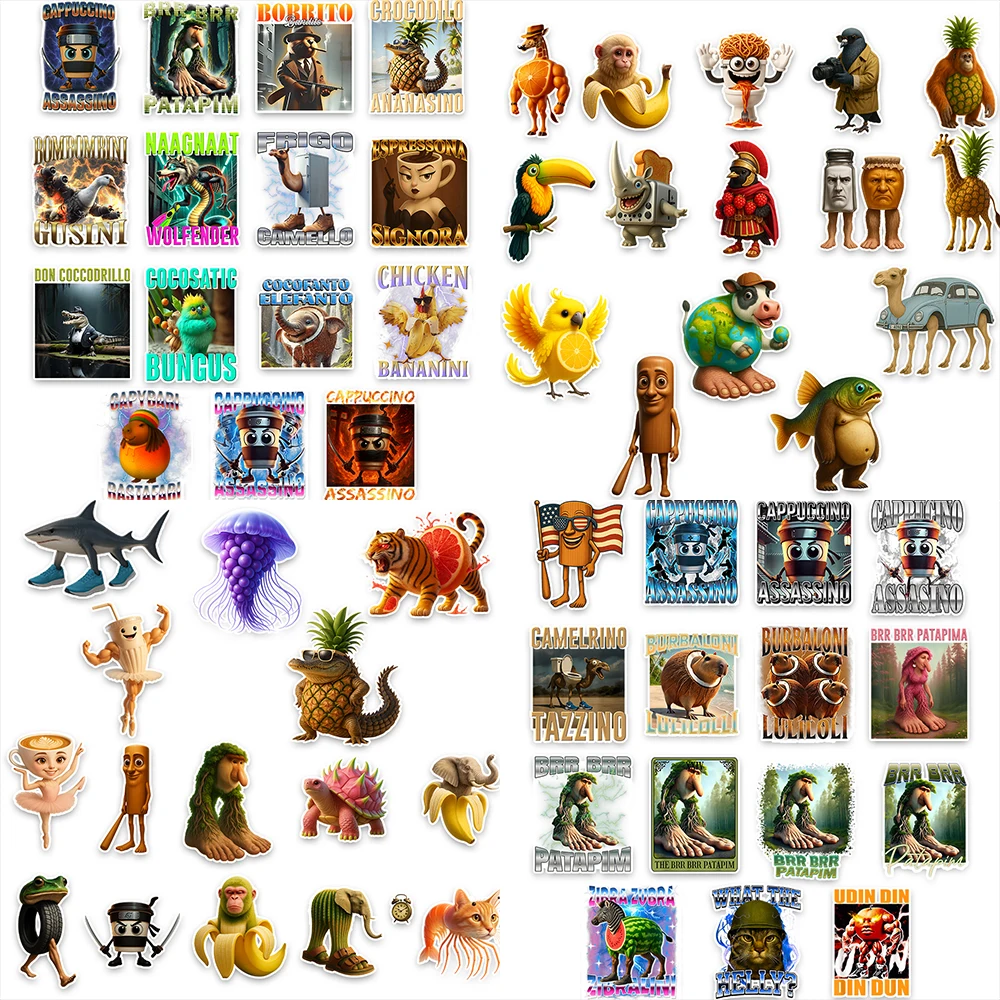 

60PCS/Set Abstract Animal Stickers Tung Tung Sahur Italian Brainrot Animals Cartoon Decal DIY Luggage Phone Cup Guitar Stickers