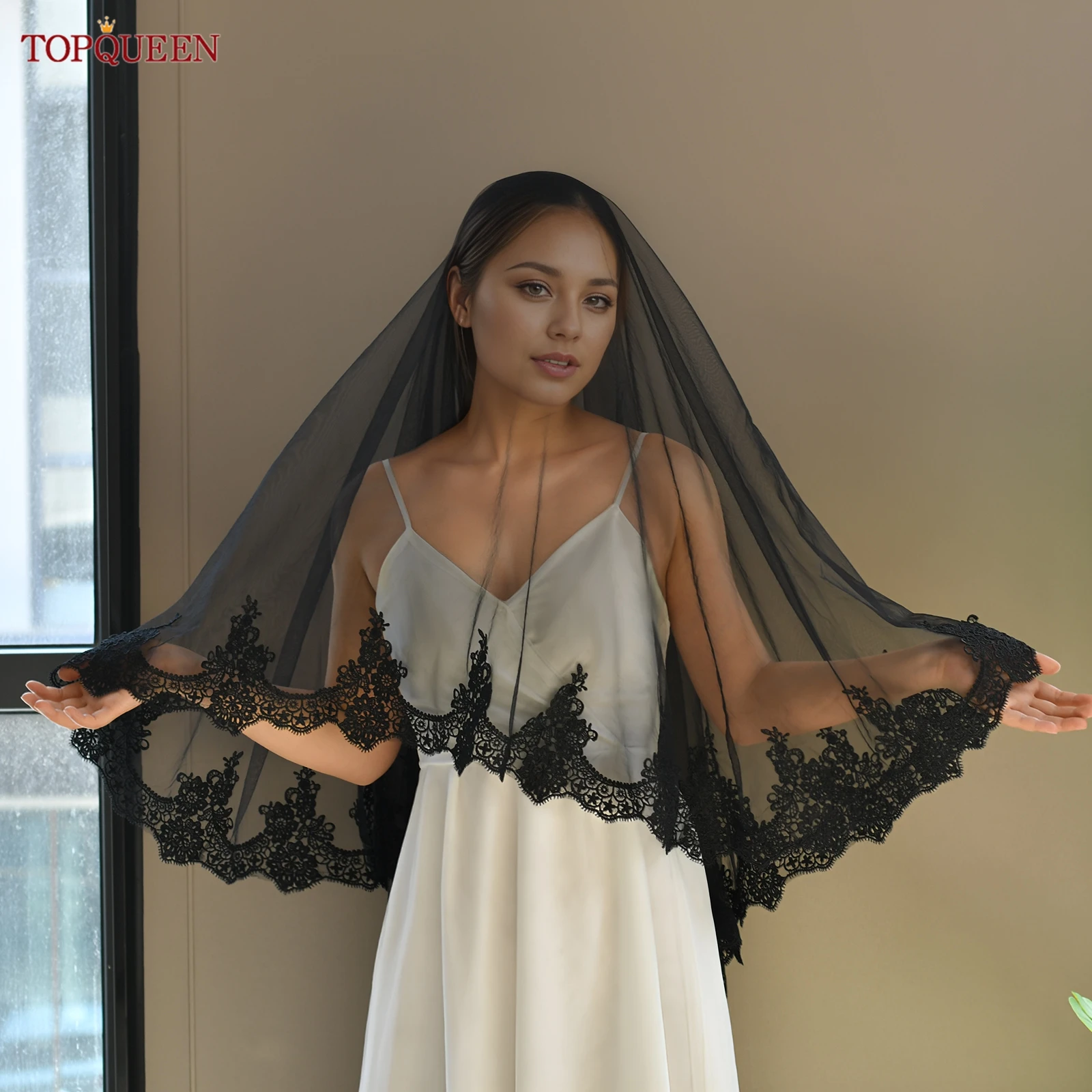 

TOPQUEEN V224 Handmade Chantilly Lace Black Lace Veil Halloween Black Blush Accessories Velo Negro Encaje Mantilla Customizable