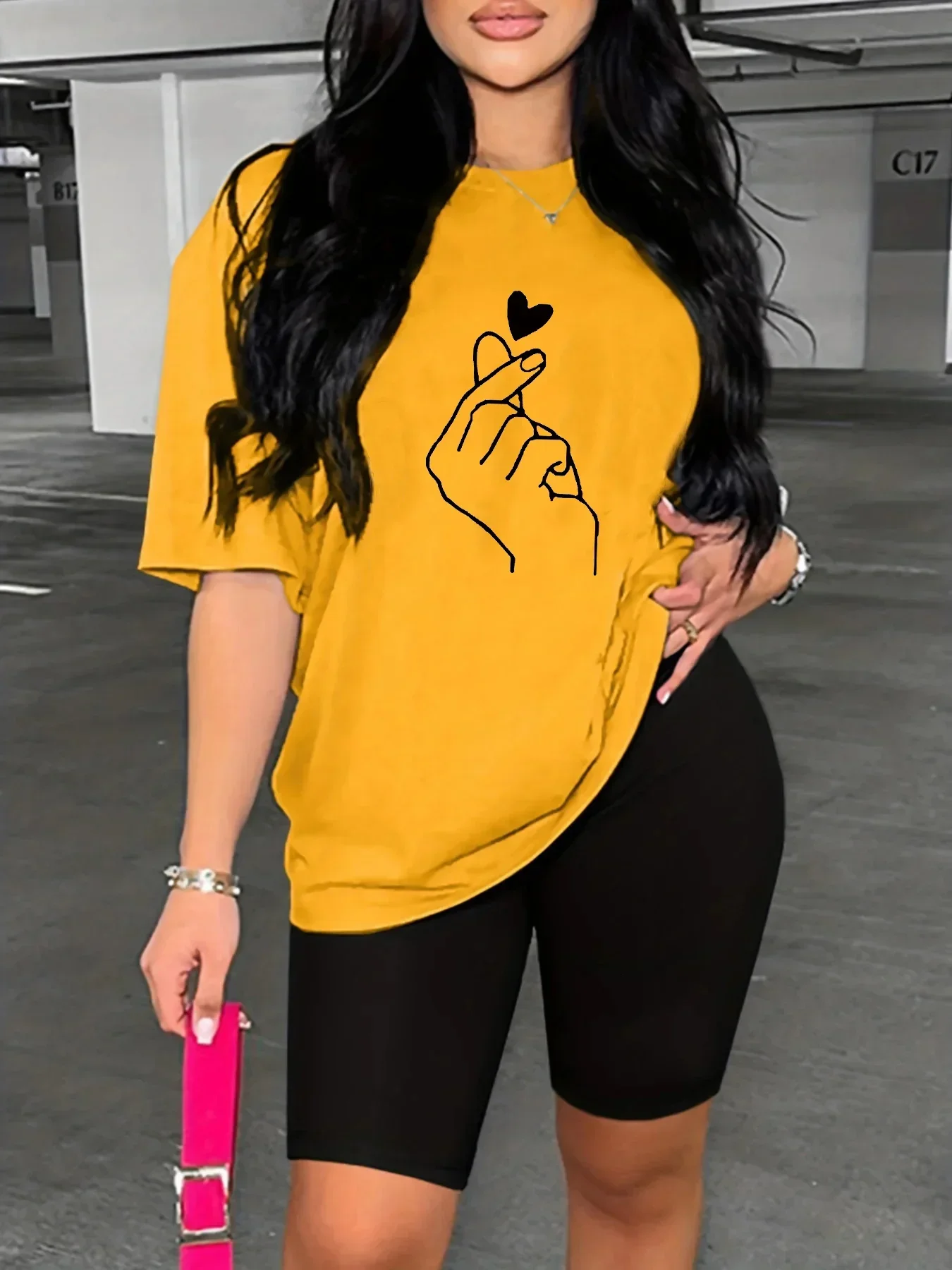 

Summer Women's Hand Heart Gesture Print Casual Round Neck Short Sleeved T-shirt one tops Tees