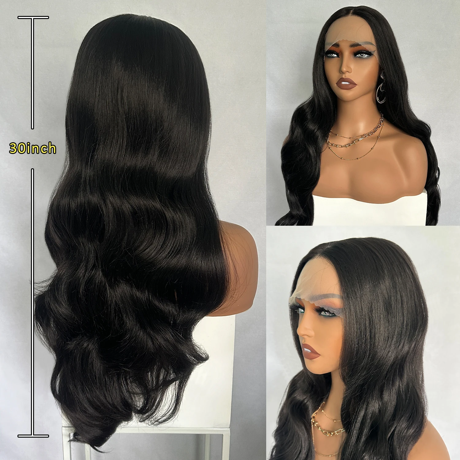 Perruque Lace Front Wig synthétique sans colle, cheveux ondulés, 30 pouces de long, brun foncé, léger, degré de chaleur, pour femmes