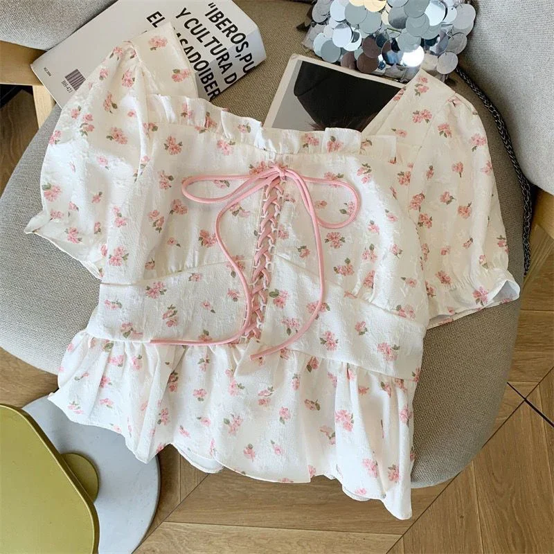 Floral Ruffles Women Shirt Summer Sweet Puff Sleeve Casual Bandage Blouse Square Collar Korean Kawaii Candy Color Female Tops