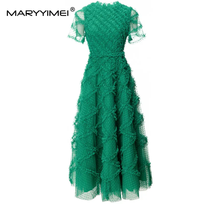 MARYYIMEI Fashion Women's 2024 Spring New Round Neck Short-Sleeved Mesh Tiered Flounced Edge Elegant Bohemian Ball Gown Dress