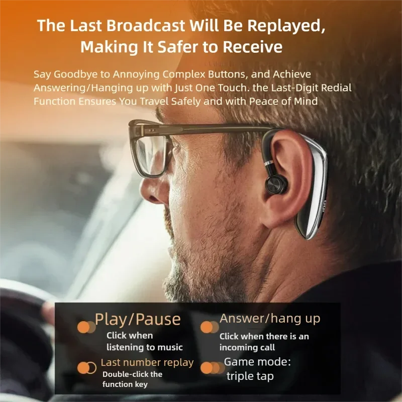

Single Ear Business Bluetooth Headset Fit Either Ear HD Call Handsfree Noise Cancelling Headphones for Driving Office