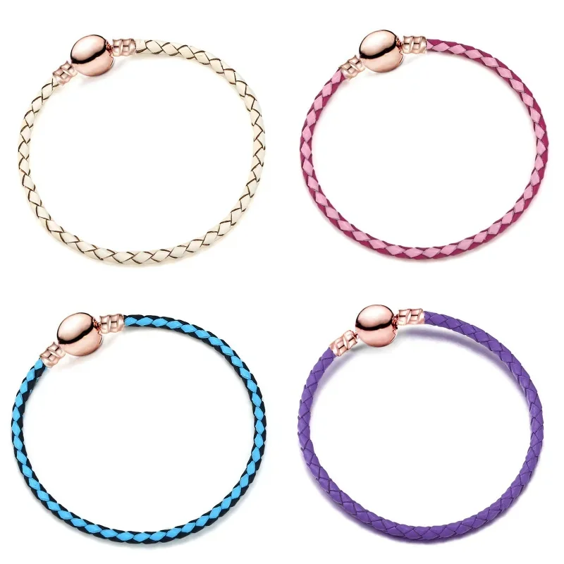 2024 New Fashion 3mm Single Circle Bracelet Leather Rope Rose Gold Beads Buckle DIY Fine Jewelry Gift For Women Girl Mom Brother