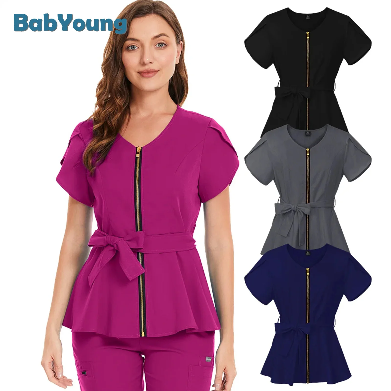 Korean Style Beauty Salon Clothes Operating Room Medical Uniform Women Slim Belt Scrub Tops Cical Work Blouse