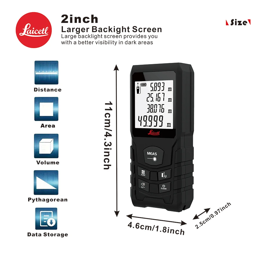 محدد المدى بالليزر/مقياس المسافة بالليزر/أداة العداد/مقياس المسافة 50 م/70 م/100 م/120 م