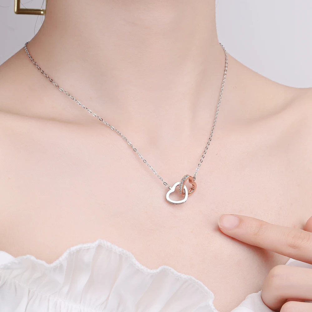 Simulated Moissanite Double Heart Pendant Necklace for Women 925 Sterling Silver Lab Diamond Neck Chain Choker Fine Jewelry Gift