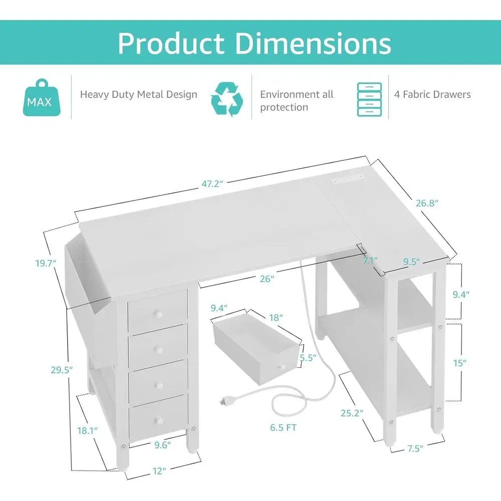 White L Shaped Computer Desk with Ders & Storage Shelves, 47 Inch Reversible Desk with Power Outlet or Home Oice Bedroom, L-Shap - view 3