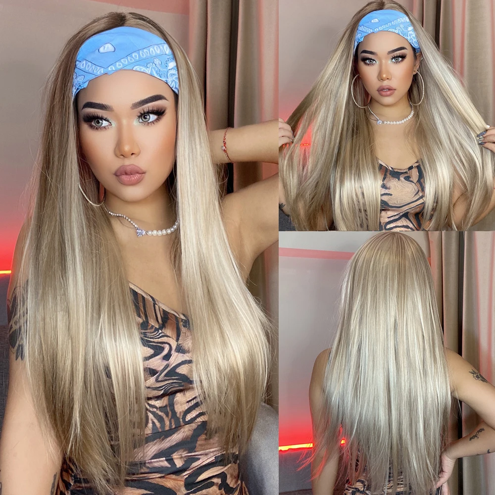 ALAN EATON Long Blonde Synthetic Headband Wig Ombre Blonde Straight Hair Wigs Natural Looking Heat Resistant Fiber for Daily Use