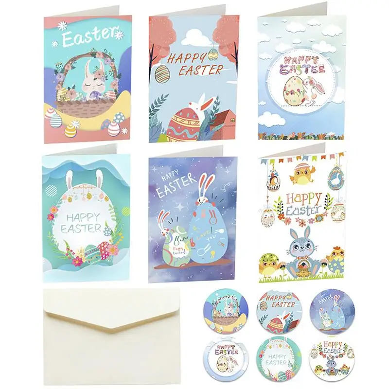 Cartoon Easter Greeting Card Colored Egg Rabbit Holiday Blessing Card Bunny Easter Greeting Cards Envelope Stickers 6 Sets