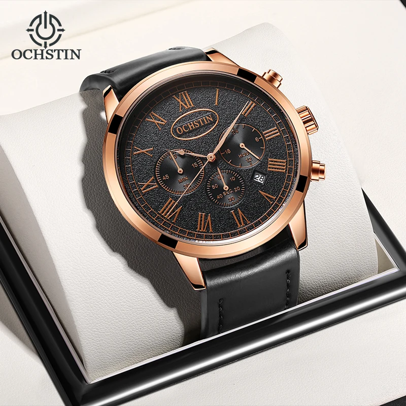 OCHSTIN Man Classic Wide Leather Band Navigator Quartz Watch Men's Pliable Wide Leather Band All-day Long-time Wearing Clock