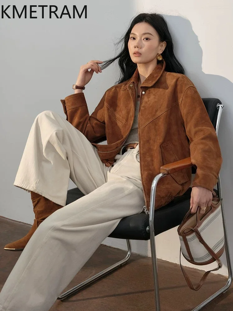 KMETRAM Genuine Sheepskin Leather Jacket Woman Retro Stylish Mid-Length Coat Real Suede Jackets Autumn Women Clothing 2026 가죽자켓