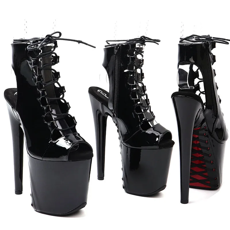 Leecabe  20CM/8inches patent  Upper Trendy Fashion ankle boots lace-up platform High Heel Stripper heels Pole Dance boot