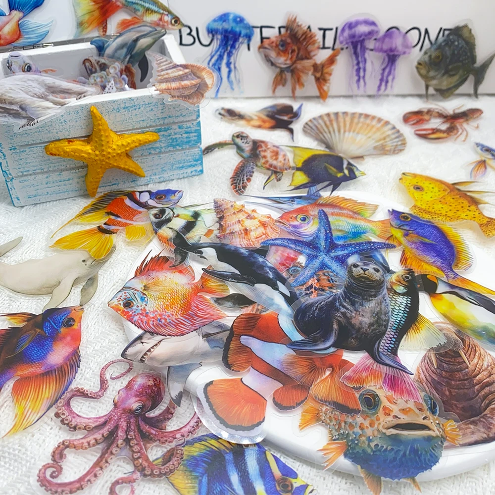 

50pcs Marine Organism Transparent PET Stickers Decals For Laptop Luggage Refrigerator Helmet DIY Aesthetic Stickers Kids Gifts