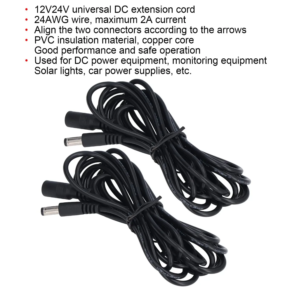 2 Pcs 9.8FT Solar Extension Cable 5.5x2.1mm Female To Male DC Power Extension Cable 24 AWG 2A Current Max DC Connection Wire