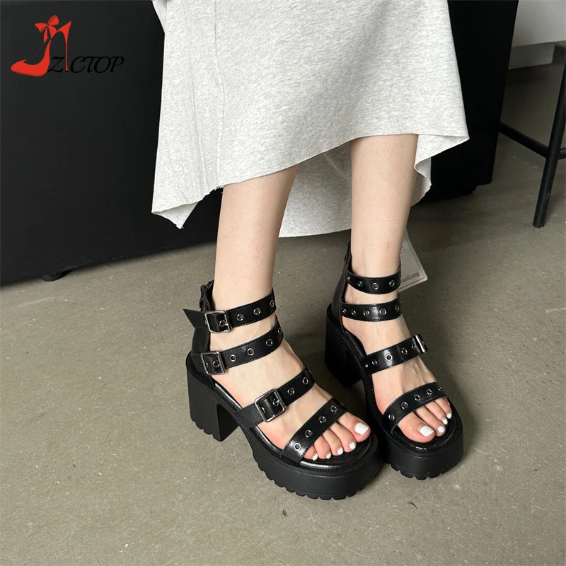 

Open Toe Chunky Heels Gladiator Sandals Women Summer High Heel Platform Sandals Roman Shoes Zipper Black Punk Women's Pumps