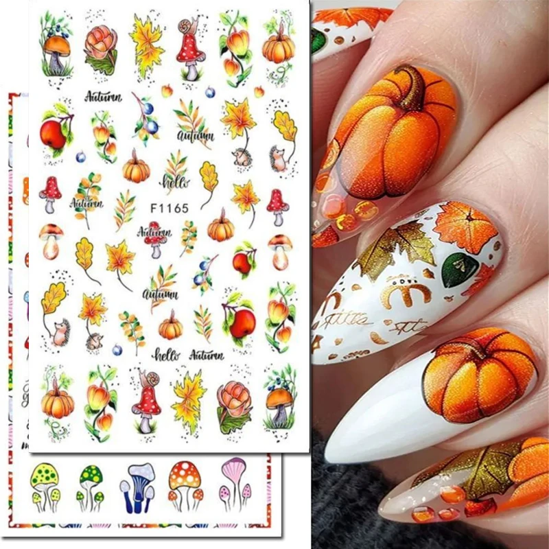 

3d Nail Art Decals Autumn Winter Red Maples Leaf Pumpkins Mushrooms Chestnuts Nail Stickers Decoration For Nail Manicure