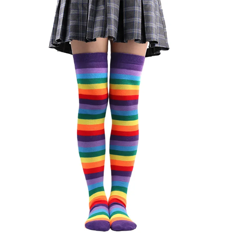 New Colorful Rainbow Stockings Striped Long Socks Knee Thigh High Socks School Girls JK Uniform Halloween Cosplay Accessories