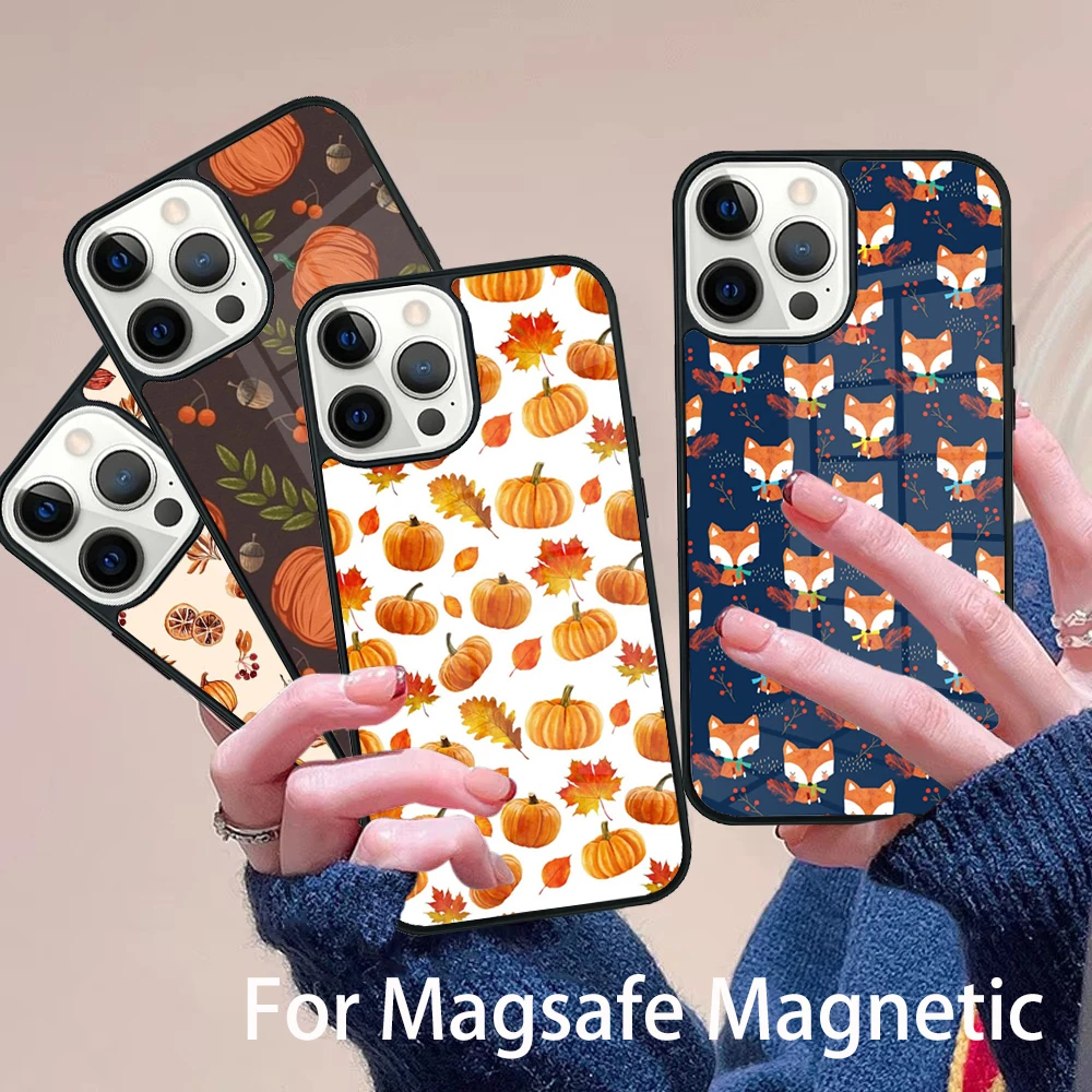 

Autumn Leaves Fall Fox Pumpkin Phone Case Magesafe Magnetic Wireless Charge Cover For IPhone 16 11 12 13 14 15 Pro Max Plus Mini