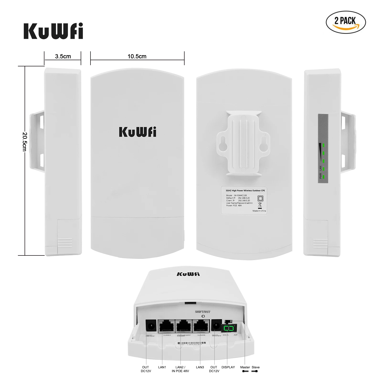 KuWFi 5.8G 300Mbps Wireless Outdoor Bridge CPE PTP 3KM Long Range with3*10/100Mbps RJ45 LAN Port 12dBi High Gain Antenna 48V PoE