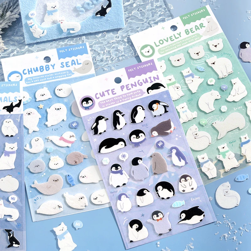 Cute Polar Regions Animals Stickers, Soft Flocked Felt 3D Stickers. Textured Stickers for Adults Scrapbooking & Planner Decor