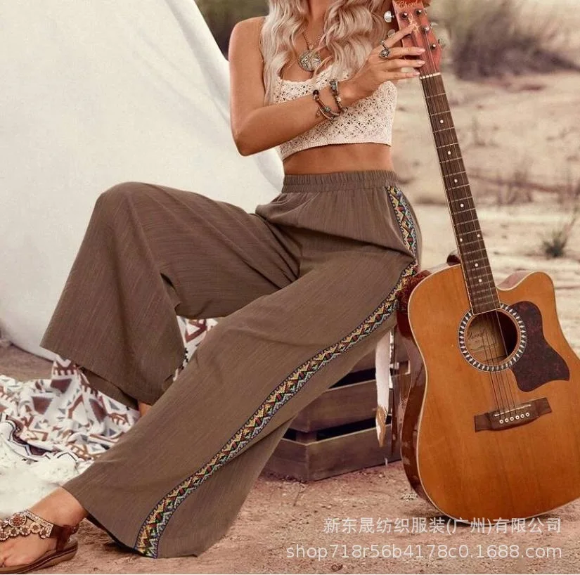 Summer Fashion High Waisted Casual Loose Wide Leg Pants, Women's Elastic Waisted Side Printed Fashionable Straight Leg Pants