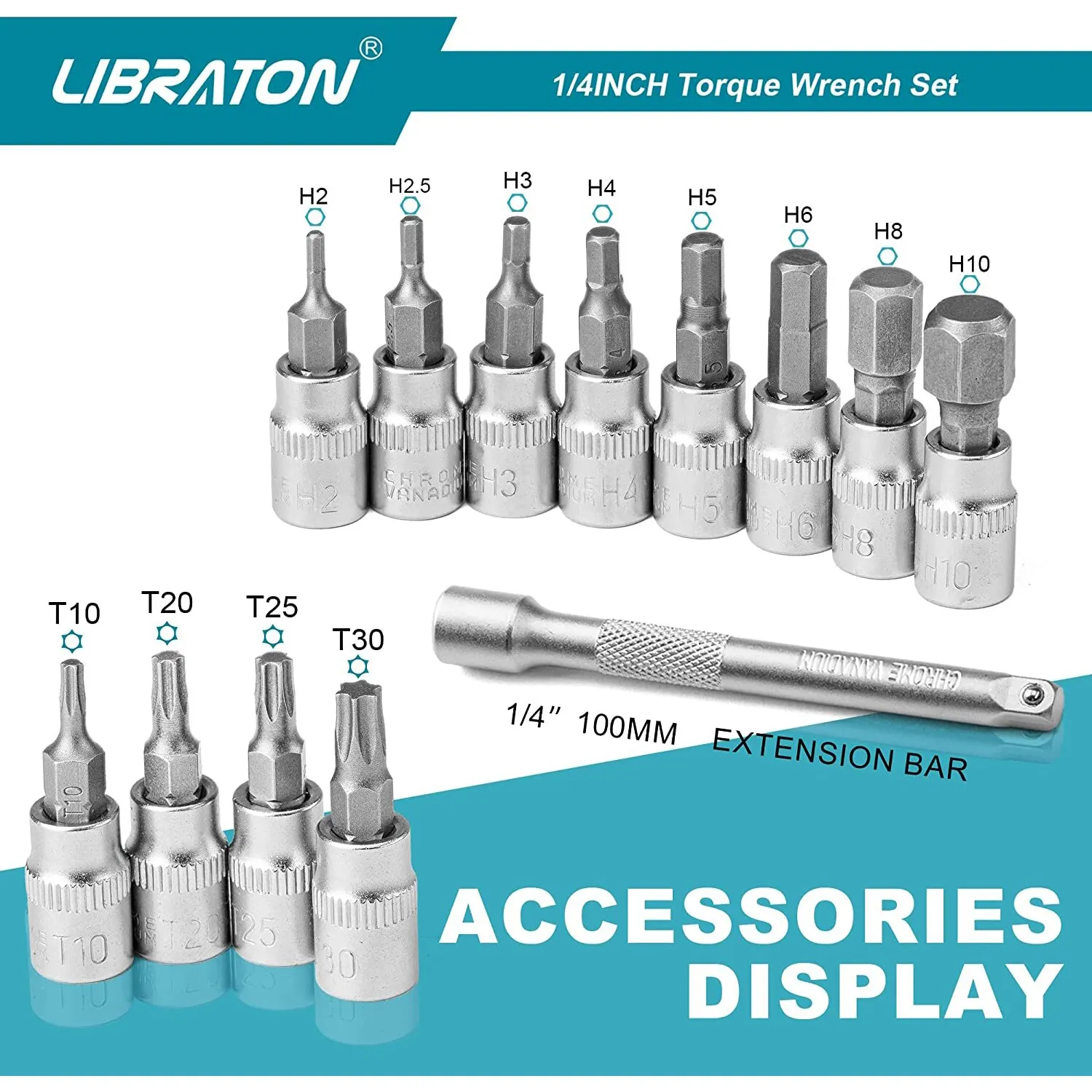 LIBRATON Bike Torque Wrench 1/4 Inch 5 to 25Nm 0.1 Nm Micro Drive Click Torque Wrench Set Hex Torx Bit Sockets Extension Bar